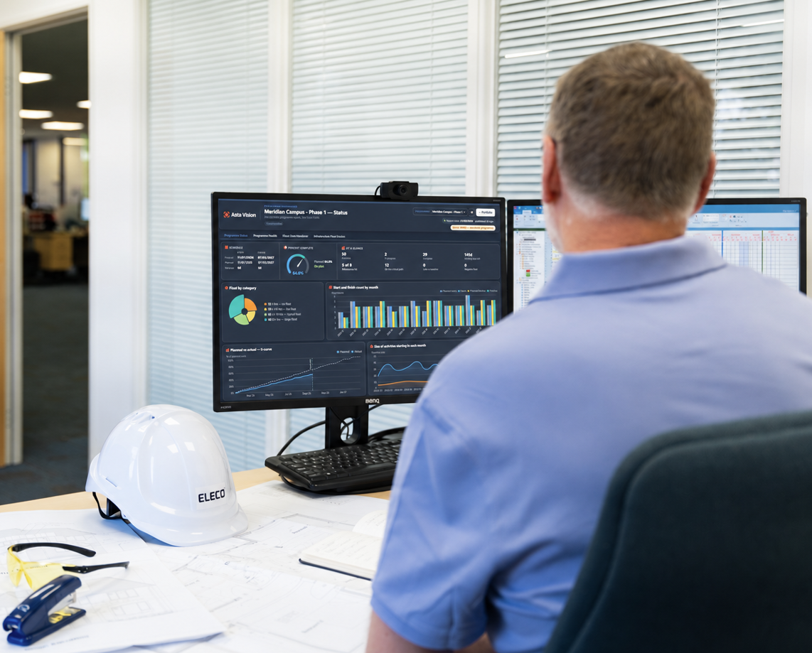 A man looking at Asta Vision dashboards on a computer